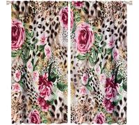 KaiHeBeding Leopard Print Roses Blackout Curtains for Bedroom - Tropical Animal Prints Living Room Curtains 90x90 Eyelet - Soft Thermal Insulated Patterned Drapes for Windows - 2 Panels