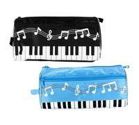 KAILIKETIY 2pcs Music Note Pencil Bag and Pen Pouch Set, Double-Layer Large Capacity Portable Pencil Case for Children, Piano Pattern Stationery Bag for School and Music, Black and Light Blue
