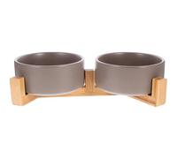 KAILIKETIY Ceramic Raised Pet Bowl Set with Wood Stand, Non-slip Medium Double Feeding Bowls for Indoor Cats and Dogs, Grey Straight Edge Dog Water and Food Dish