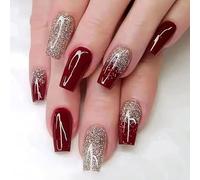 Kaiperala 24pcs Medium Coffin False Nails Press on, Burgundy, Gold Glitter | Stick on Nails, Fake Nails Glue on, Wine Red, Gold Glitter Accent, Removable, Beautiful Nails for Women Halloween Christmas