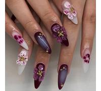 Kaiperala 30pcs Medium Almond False Nails Dark Red Ombre Press on Nails 3D Flower Pattern Stick on Nail Removable Glue on Acrylic Fake Nail Tips Halloween Punk Accessories & Gifts for Women
