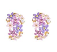 Kaipink Lavender Purple Pink Flower And Crystal Pearl C Shape Hoop Enamel Stud Earrings Jewelry Gift Juicy Grape