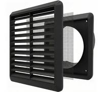 Kair Black 150mm Louvred Wall Vent Grille with Flyscreen - 150mm / 6 Inch Round Rear Spigot & 183mm Front Cover