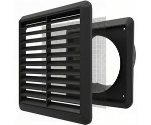 Kair Black Ø150mm Louvred Wall Vent Grille with Flyscreen and Rear Spigot | Push-fit installation, Integrated insect screen, Suitable for bathroom and kitchen extraction - 183x183mm external