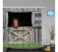 Kaireno Farmhouse Shower Curtain, Western Country Theme Cute Horse Grassland Wooden Board Retro Bathroom Set, Fabric Rustic Farm Animals Curtains,72" Long, Gray Brown