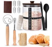 Kairey 1500ML Sourdough Starter Jar Kit, 12PCS Wide Mouth Sourdough Starter Glass Jar with Wooden Lid, Sewn Cloth Cover, Silicone Spoon Silicone Scraper, Dough Scraper & Dough Whisk, Natural Luffa