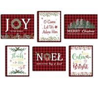 KAIRN Large Christmas Wall Art Canvas Set of 6 (12x16'',Framed) Joy to the World Xmas Wall Decor for Home Vintage Noel Framed Buffalo Plaid Religious Christmas Decorations for Living Room Bedroom