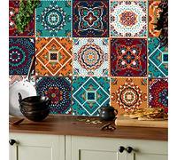 KAIRNE 24pcs Moroccan Tile Decal for Kitchen Decor,Vintage Stair Sticker,Waterproof Tile Decal Stickers,15x15cm Stick on Tiles Kitchen,Peel and Stick Backsplash Moroccan Tiles Bathroom Living Room