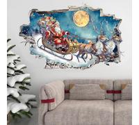 KAIRNE 3D Crack Christmas Wall Sticker Santa Sleigh Reindeer Moon Decals