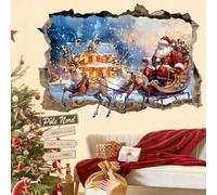 KAIRNE 3D Crack Christmas Wall Stickers Santa Sleigh Elk Removable Decals
