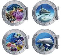 KAIRNE 3D Porthole Underwater Shark Dolphin Coral Bathroom Wall Stickers