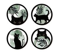 KAIRNE Black Cat Wall Art Sign Boho Green Leaf Moon Cat Hanging Plaques Minimalist Round Front Door Decor for Cat Lovers Living Room Bedroom Themed Home Decor