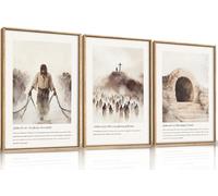 KAIRNE Christian Bible Verse Framed Wall Art Set of 3, Vintage Jesus Crucifixion, Empty Tomb Canvas Prints, Religious Decor for Home Church, Prayer Room, Christian Baptism and Easter Gift - 24x36 Inch