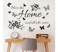 KAIRNE Family Inspirational Wall Stickers Bless This Home and All Who Enter Words Decals Motivational Quotes Decor for Bedroom Flower Butterfly Sticker Living Room Background Home Decor