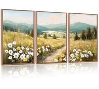 KAIRNE Field Canvas Wall Art,Vintage Landscape Wall Decor,Wildflower Prints Set of 3(16”X24”),Nature Botanical Floral Posters,Rustic Paintings for Kitchen Living Room Bedroom Farmhouse Decor,Framed