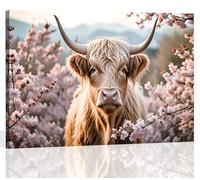 KAIRNE Floral Highland Cows Canvas Prints Wall Art Rustic Farmhouse Picture Animal Canvas Wall Print Painting Pink Flower Cow Home Decor Framed for Bathroom Bedroom Kitchen Living Room 59x39CM