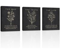 KAIRNE Framed Boho Floral Christian Bible Verse Canvas Wall Art Set,12”*16”Inch The Way The Truth The Life Scriptures Poster Black Minimalist Botanical Flower Bible Wall Decor for Living Room Bedroom