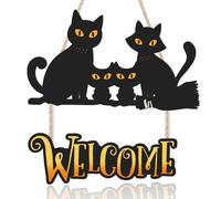 KAIRNE Halloween Black Cat Wall Sign Happy Halloween Welcome Wall Hanging Haunted Door Hanging Black Cat Door Plaque for Home Holiday Party Funny Boo Yard Sign for Outdoor Porch
