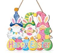 KAIRNE Happy Easter Wall Art Sign Gnome Eggs Hanging Plaques Colourful Resurrection decorations for Front Door Wall Garden Party Decorations for Home