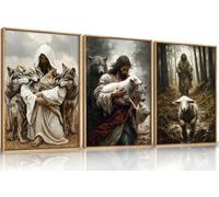 KAIRNE Jesus Christian Wall Art Set of 3, Religious Canvas Prints with Lamb & Wolf, Vintage Bible Verse Decor, The Good Shepherd Artwork for Living Room, Bedoom - 24x36 Inches