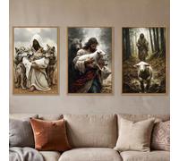 KAIRNE Jesus Lost Lamb Framed Canvas Wall Art Set,Vintage Shepherd Protect a Lamb from Wolves Wall Decor,Retro Religious Bible Faith Artwork for Living Room,Bedroom,Church-24 x36 x3
