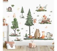 KAIRNE Jungle Animals Theme Bedroom Murals Fox Teddy Bear Nursery Decals Forest Animals Wall Decor Woodland Kids Room Decals Where The Wild Party Supplies Safari Centerpieces Stickers for Table Shower