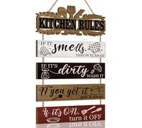 KAIRNE Kitchen Rules Wall Sign Rustic Wood Bar Sign Farmhouse Style Kitchen Accessories Funny Quotes Door Wooden Hanging Plaque If It Smells Throw It Away Eggbeater Knife Fork Prints Plaque Decor