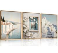 KAIRNE Mediterranean Santorini Canvas Wall Art Set Impasto Oil Painting Style Gr oastal Prints Whitewashed Village Blue Window Pictures for Living Room Bedroom Home Decor 12 x 16inch x 3