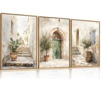 KAIRNE Mediterranean Village Canvas Wall Art Watercolor Tuscan Street Prints Neutral Beige European Town Pictures Olive Trees Cactus for Living Room Bedroom Farmhouse Decor 12 x 16inch x 3