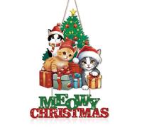 KAIRNE Meowy Christmas Cat Wooden Sign - Welcome Wall Art for Front Door, Tree Decoration, Kitty Kitten Wall Decor for Winter Party