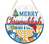 KAIRNE Merry Chrismukkah Sign Christmas Wooden Wall Decor Hanukkah Wood Hanging Decor Candlestick Star Blue Door Hanger Winter Gift for Family Friends Jewish Living Room Bedroom Office Decoration