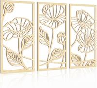 KAIRNE Minimalist Floral Wood Wall Art Boho Wall Decor for Living Room Line Flower Wall Sculpture 3D Hollow Wall Decor for Bedroom 3 Panel 16×32 Inches