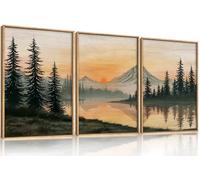 KAIRNE Mountain Lake Sunset Canvas Wall Art, Pine Tree Forest Nature Landscape Prints, Rustic Wood Effect Wall Decor for Living Room Bedroom Office 12 x 16inch x3