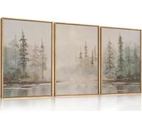 KAIRNE Neutral Misty Pine Forest Canvas Wall Art Impasto Oil Painting Style Lake Landscape Prints Calm Beige Green Nature Pictures for Living Room Bedroom Office Farmhouse Decor 12 x 16inch x 3