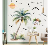 KAIRNE Palm Tree Wall Stickers Watercolor Coconut Tree Summer Decals Tropical Plant Birds Sunset Sticker Boho Art Decor for Baby Nursery Classroom Living Room Bedroom TV Background