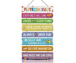 KAIRNE Playroom Rules Wood Sign Hanging Wall Art,Everyone is Welcome Inspirational Quotes Wall Decor for Kids Room,Colorful Rainbow Color Wooden Plaque for Childrens Bedroom Decoration