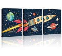 KAIRNE Rocket Outer Space Decor,Solar System Wall Art,The Planets Hanging Decor,Rocket Artwork Paintings Out of Space Decor for Boys Bedroom Toddler Kids Room Classroom Decoration