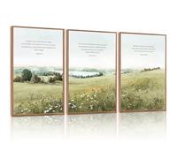 KAIRNE Scripture Christian Canvas Wall Art,Bible Verse Prints Set of 3(24”X36”),Modern Scripture Floral Wall Decor,Framed Green Countryside Field Paintings for Living Room Bedroom Ding Room Decor