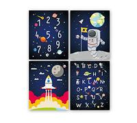 KAIRNE Set of 4 Children's Room Pictures Space Astronaut Rocket Planets Decoration Baby Room Poster Children Wall Pictures Inspirational Wall Art Decoration for Playroom Children's Poster Boy