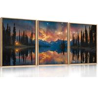 KAIRNE Starry Night Mountain Lake Canvas Wall Art, Pine Forest Cabin Nature Landscape Prints, Cosmic Sunset Wall Decor for Living Room Bedroom Office 12 x 16inch x3