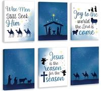 KAIRNE The Nativity Wall Art Scripture Religious Wall Decor Set of 6 (8" x10'',Framed) Faith Poster Set Blue Christian Canvas Picture Jesus Verses Artwork Christmas Wall Art for Bedroom Home Decor