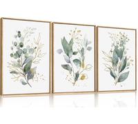 KAIRNE Watercolor Gold Eucalyptus Leaf Canvas Wall Art Set 12x16inch x3