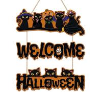 KAIRNE Welcome Halloween Decorations Front Door Sign,Halloween Pumpkin Wooden Decor,Black Cat Wooden Hanging Plaques,Scary Party Decoration,Cats Witch Broom Gift for Kids Farmhouse Outside Door Decor