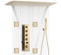 KAITAIHD Brushed Gold Shower System with 16X24 Ceiling Mount Shower Head, 4 PCS Body Jet and Handheld Spray, 4 Function Temperature Display Shower