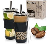 Kaitoma 2-Pack 560ml Reusable Glass Bubble Tea Cups/Boba Cup | Leakproof Tumblers with Straws & Lids | Iced Coffee Cups | Travel Cup for Smoothies, Slushies & More + 12mm Boba Straws (Charcoal Black)