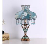 kaixunl Antique Victorian Lamp with Fringe & Lace,Blue,Vintage Fabric Table Lamp with Shade,European Pastoral Nightstand Vase Shape Table Light for Bedroom Living Room