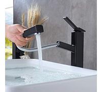KAIYING Bathroom Sink Faucet, Single Hole Sink Faucet with Pull Out Sprayer, Utility Single Handle Mixer Tap with Rotating Spout, Brass (Top, Black)