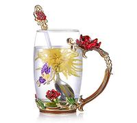 Kaiyuan Dynasty Tea Cup Glass Coffee Mugs Enamel Rose Flower Butterfly Drinking Cups with Spoon Set for Birthday Wedding Red Rose Tall Mug 12oz