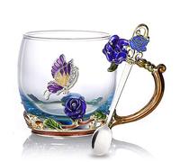 Kaiyuan Dynasty Tea Cup Glass Coffee Mugs Enamel Rose Flower Butterfly Drinking Cups with Spoon Set for Birthday Wedding Blue Rose Mug 12oz