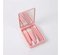 KAIYUEMAOYI 5pcs Travel Makeup Brush Set with Mirror, Portable Makeup Brushes for On-the Application, Complete Function Brush Set, Mini 5-piece set, pink with mirror case